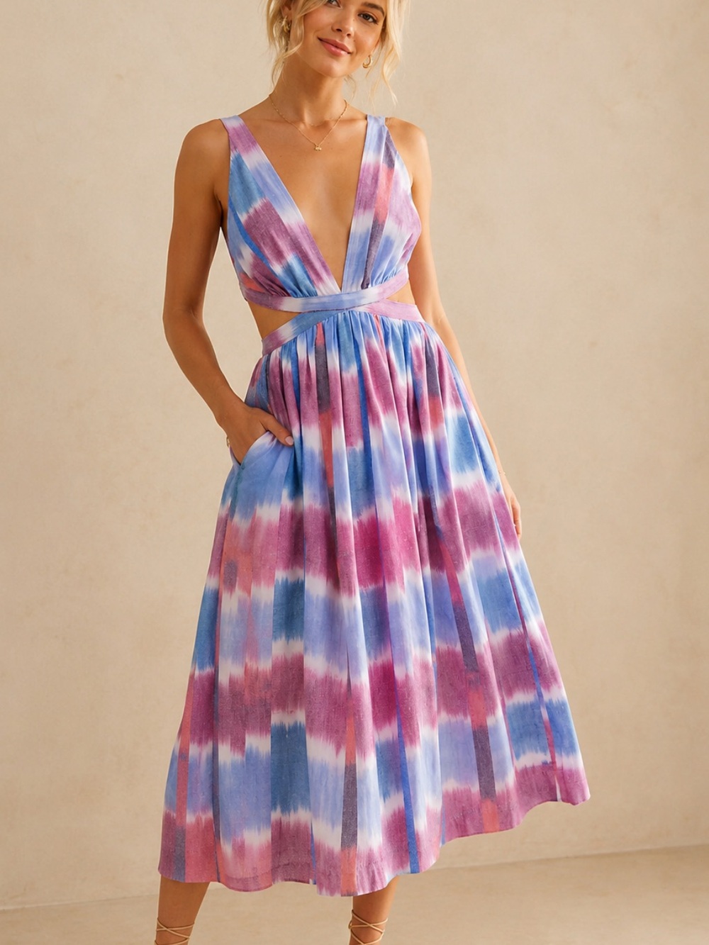 NEW Anthropologie Tie-Dye Open Back Cutout Midi Dress Pink Blue LP 36984